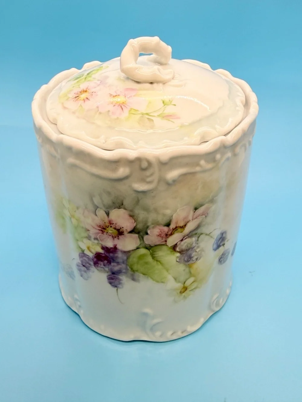 Vintage Porcelain Embossed Biscuit Jar & Lid Handpainted w Pastel Floral Motifs